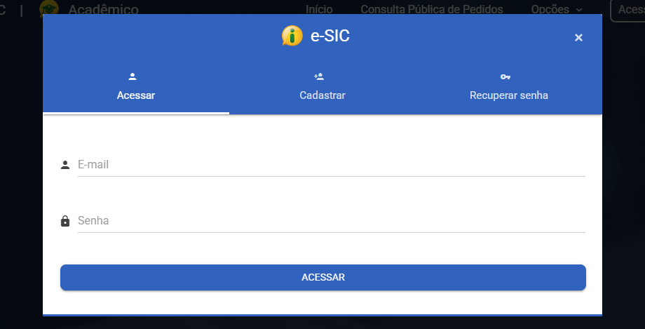 Tela de primeiro acesso ao sistema e-SIC