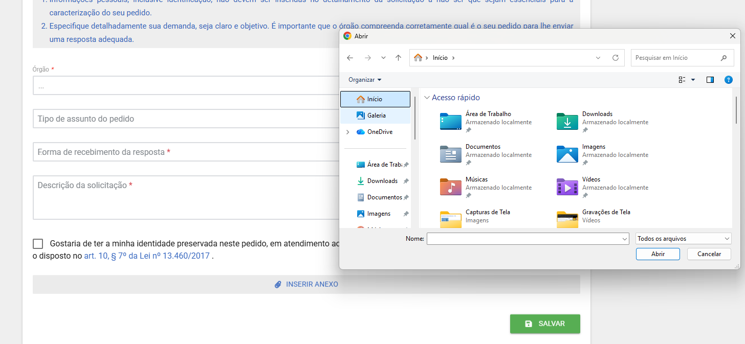 Tela de seleção de arquivos para anexar ao pedido