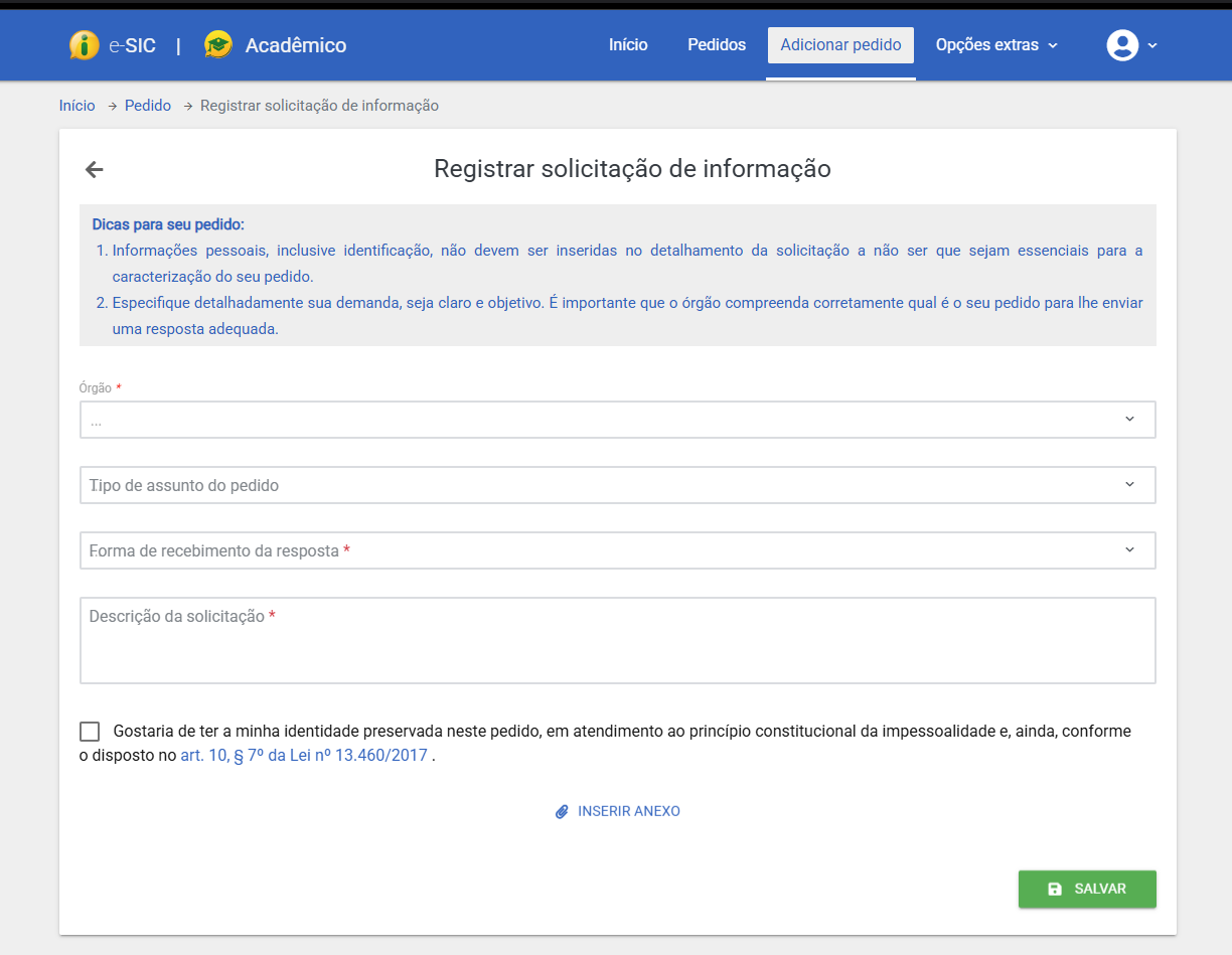 Tela de registro de pedido no sistema e-SIC